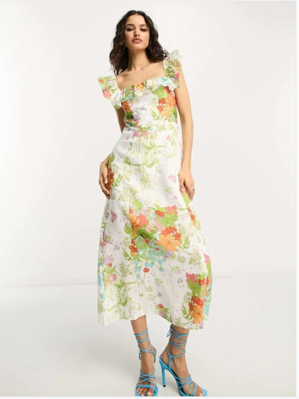 EUC & OTHER STORIES Ruffle Neck 100% Linen Midi Floral Dress Women's 8